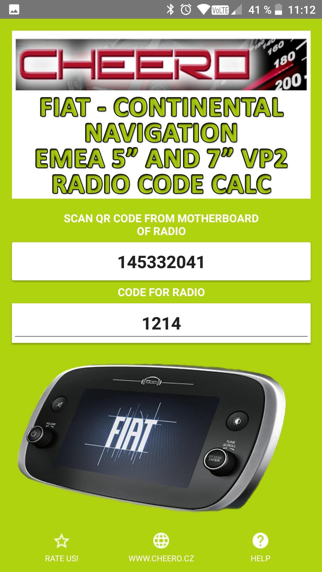 RADIO CODE FOR FIAT VP2 NAVI EMEA CONTINENTAL - FIAT 312 7in FIAT 334 7in