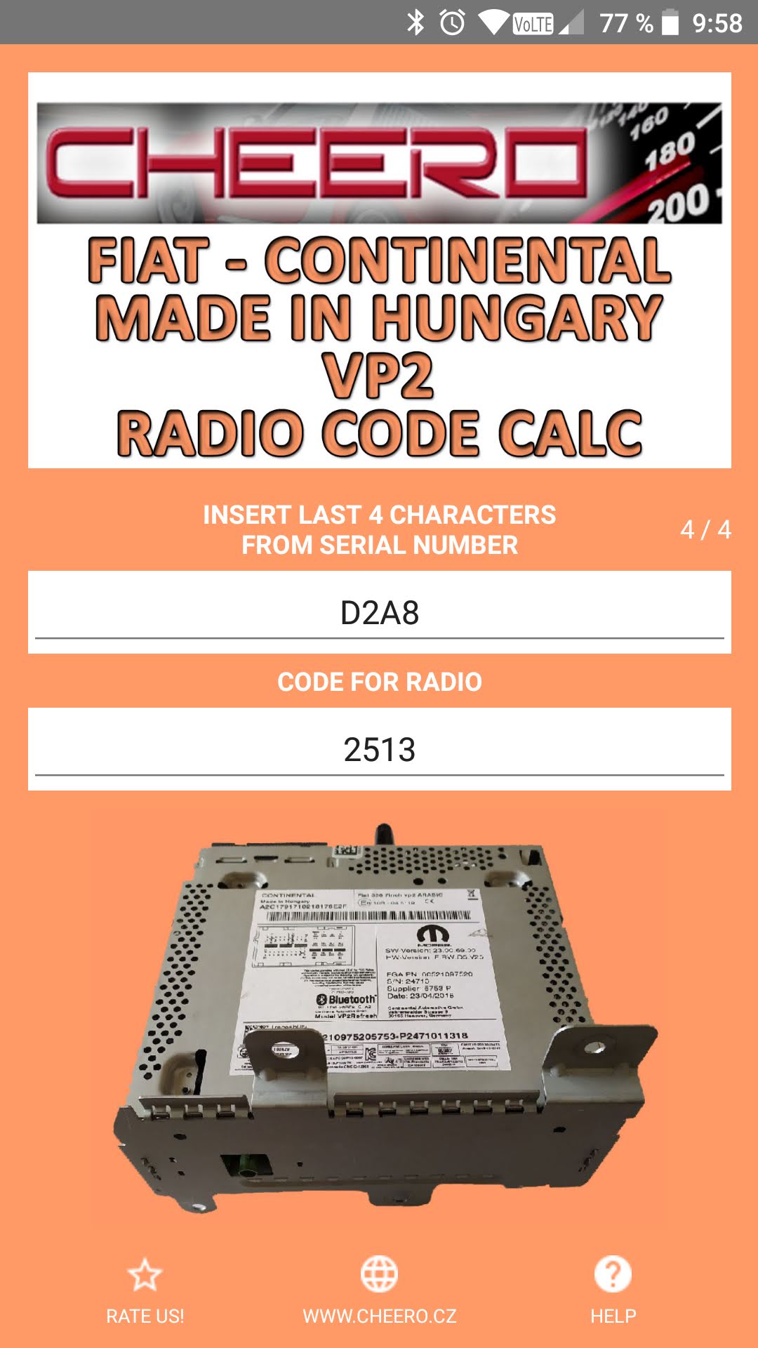 RADIO CODE FOR FIAT TIPO CONTINENTAL VP2 HUNGARY