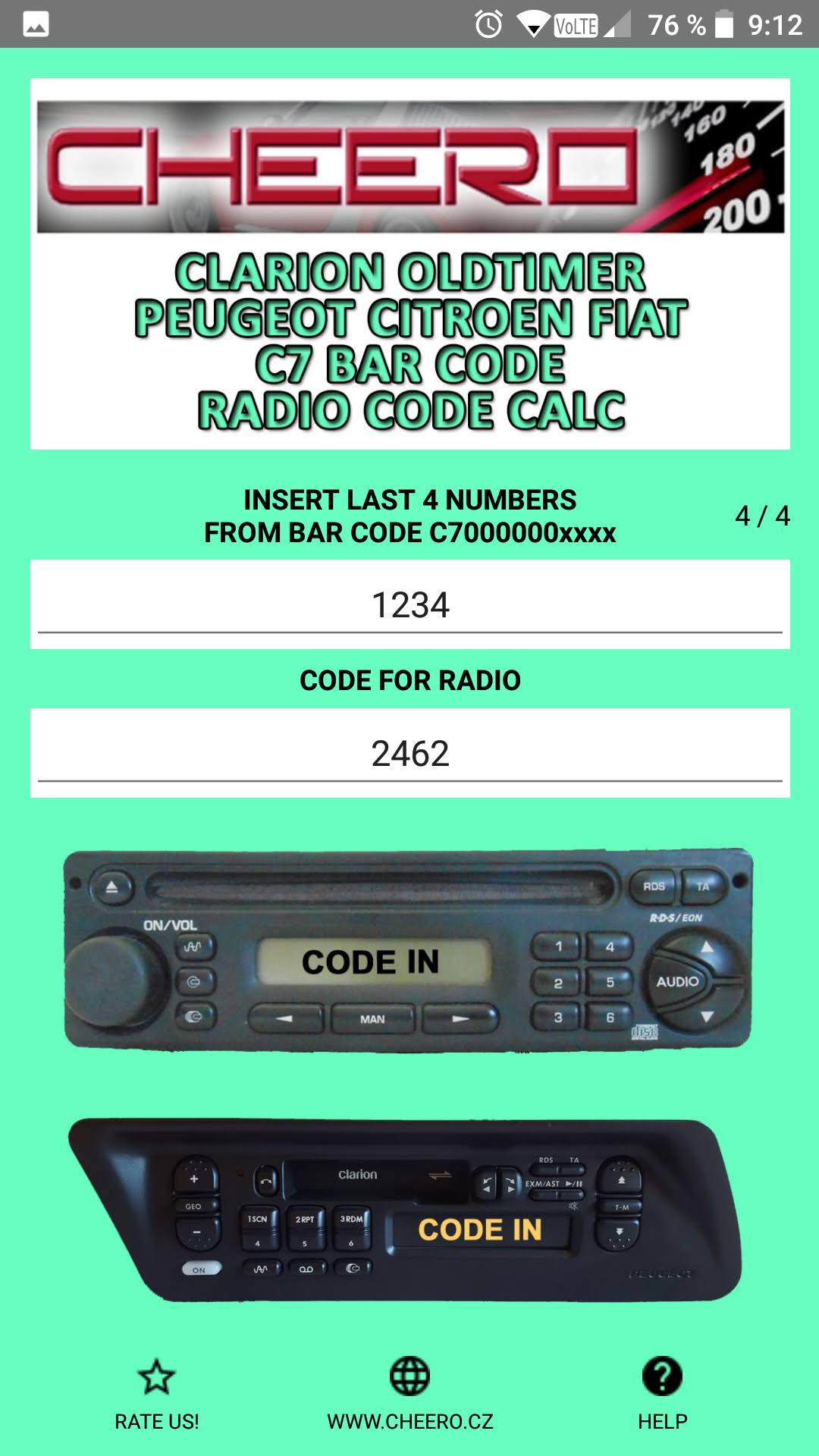 RADIO CODE FOR CLARION PU-2294 BAR CODE C7
