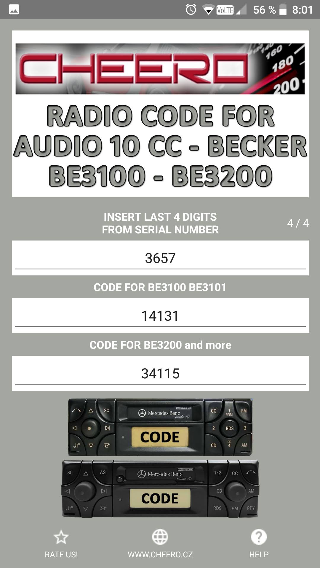 RADIO CODE for MERCEDES BENZ AUDIO 10 CC BECKER BE3100 BE3101 BE3200 BE3201 etc.